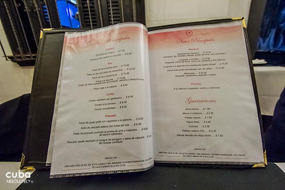 Menu at Restaurant Calle diez in Miramar© Cuba Absolutely, 2014