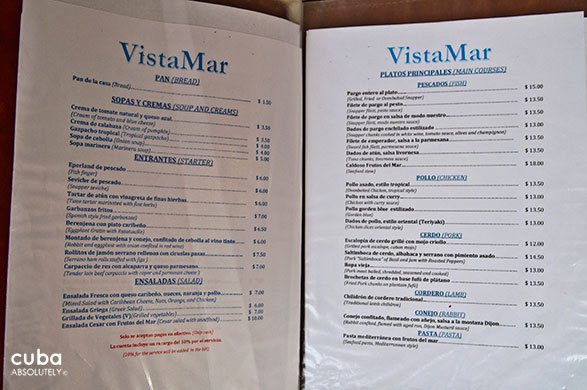 menu at Vistamar restaurant in mIramar© Cuba Absolutely, 2014