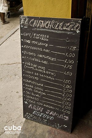 Menu at Chanchullero restaurant in Old Havana© Cuba Absolutely, 2014