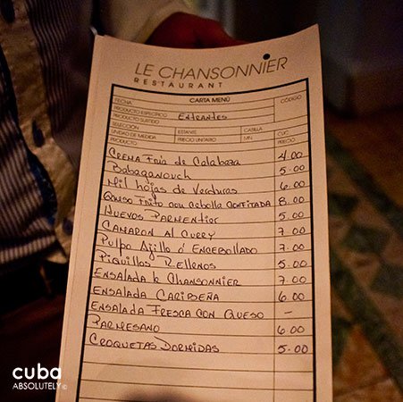 Le Chansonnier restaurant in Vedado, menu © Cuba Absolutely, 2014