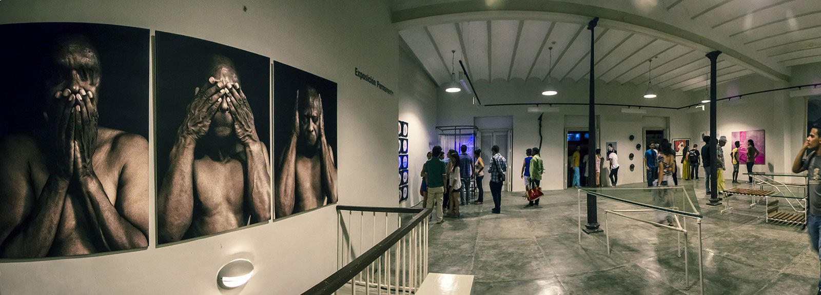 3  pictures of a man on the left and the gallery with other pieces and people on the right